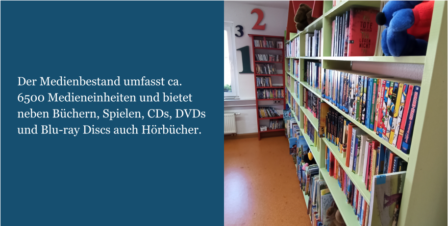 Der Medienbestand umfasst ca. 6500 Medieneinheiten und bietet neben Büchern, Spielen, CDs, DVDs und Blu-ray Discs auch Hörbücher.